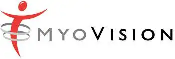 MyoVision Logo, it is red, grey, and black.